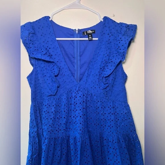 Aqua Women’s 100% Cotton Blue Eyelet Ruffle Dress - Picture 4 of 6